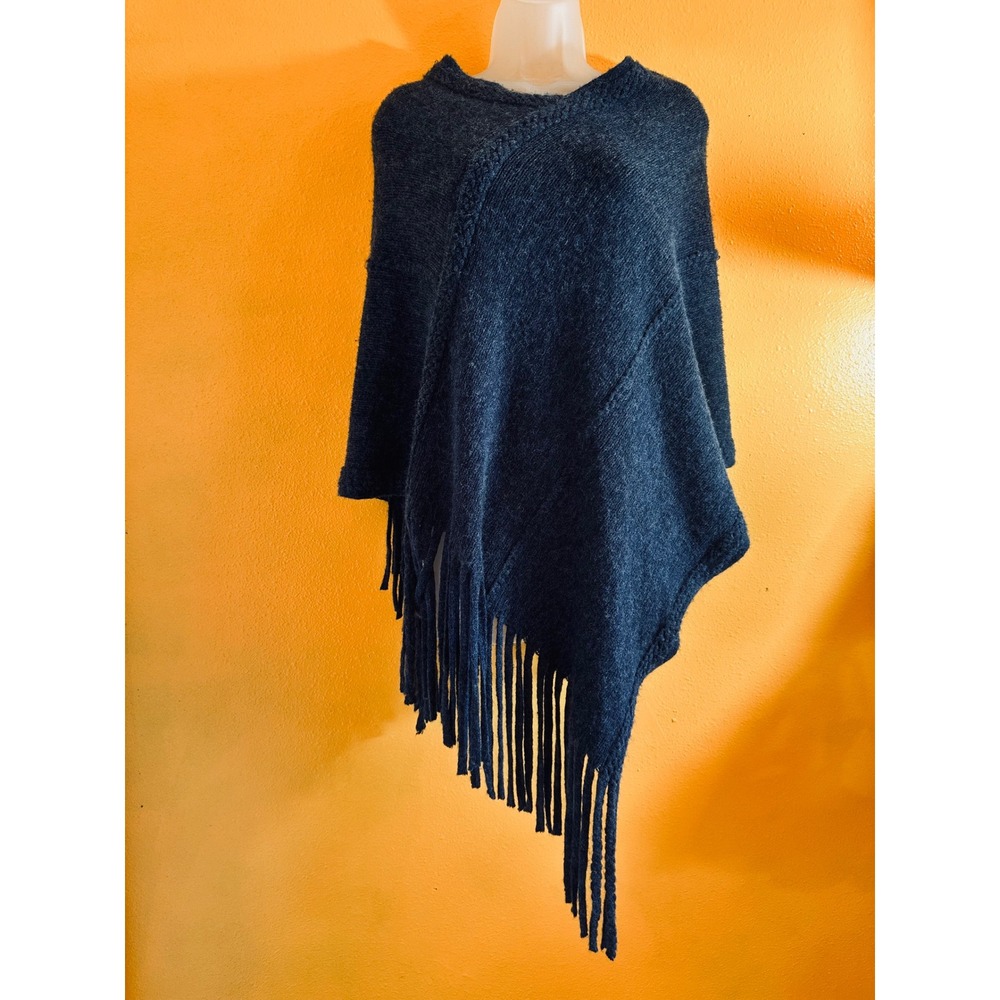 Unbranded Women Charcoal Gray Asymmetrical Fringe Knit Poncho Sweater Wrap
